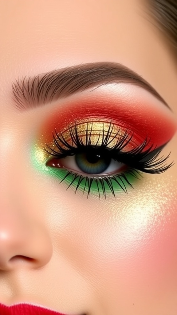 A festive Christmas eyeshadow look with green, red, and gold shades, highlighted with shimmering gold, perfect for holiday celebrations.